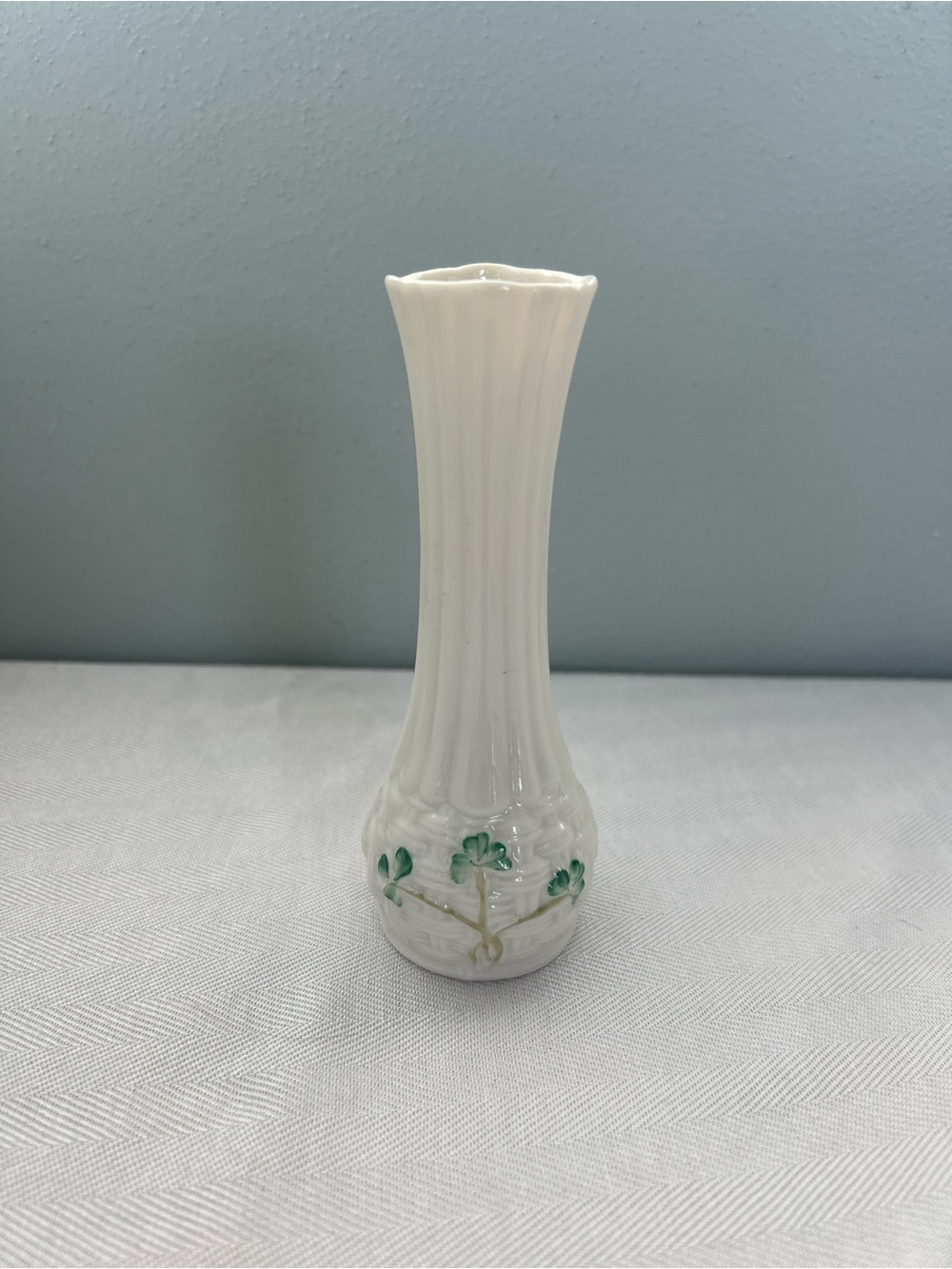 White Porcelain Bud Vase with Green Shamrock Accent